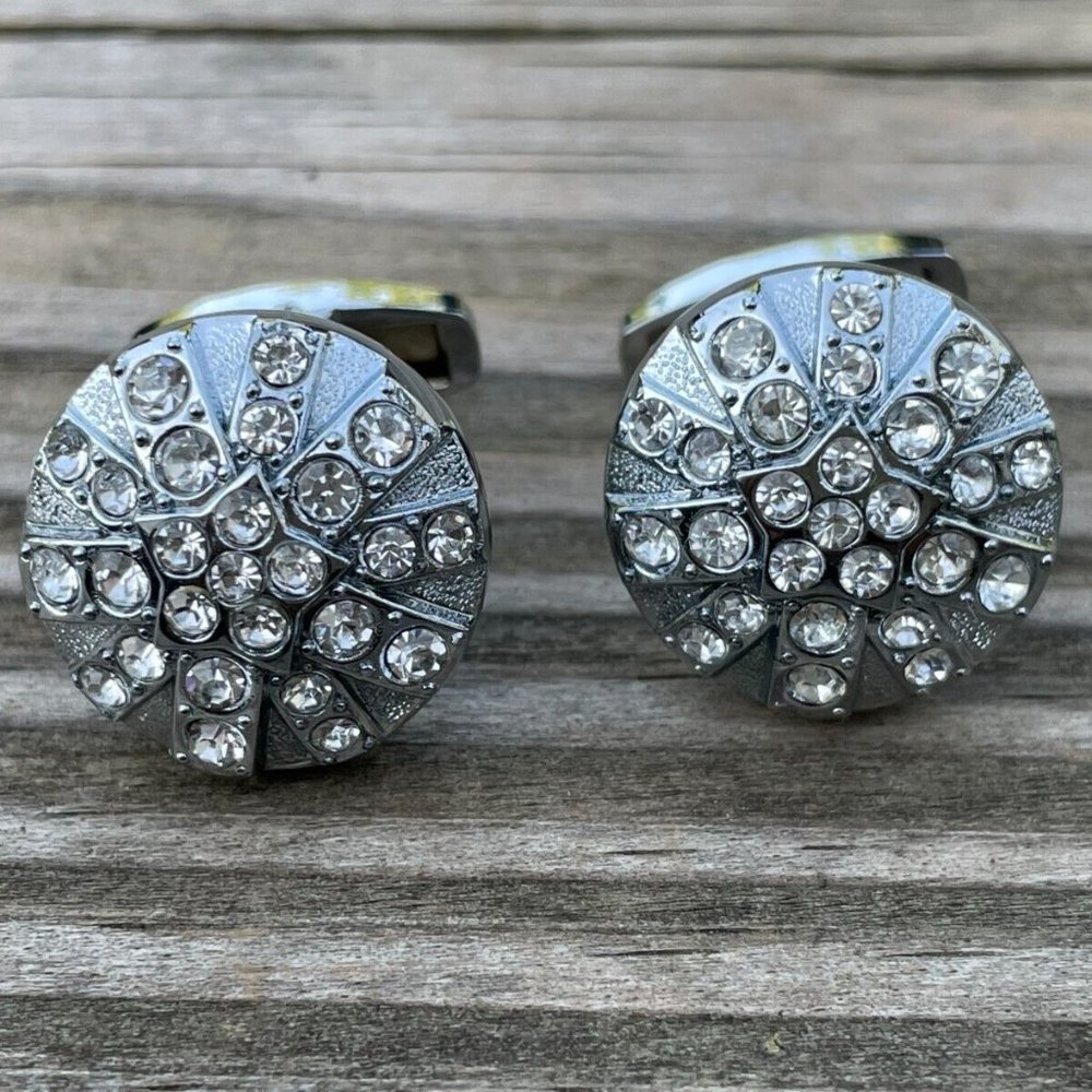 Cuff Links Men Shirt Crystal Accent Studd Cufflink Silver Tone Cuff link - Picture 10 of 12